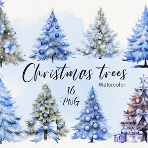 Clipart albero di Natale ad acquerello, alberi blu carini, albero di Natale con regali, clip art invernale accogliente, scrapbooking PNG per pianificatore di design natalizio