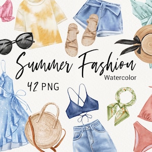 Acuarela Moda Verano clipart, Ropa de mujer, playa Clip art, colección de trajes, bikini, zapatos vestidos, gafas, pegatinas de planificador PNG