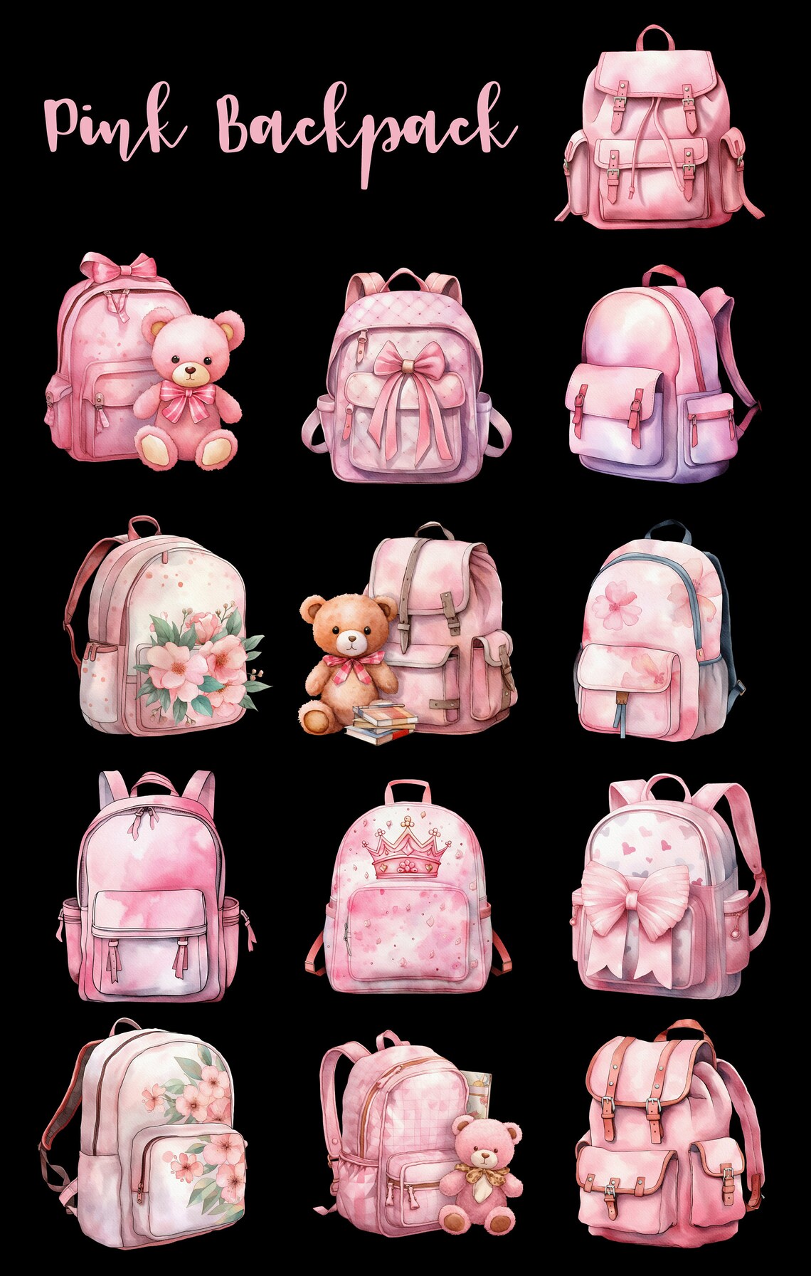 Watercolor Pink Backpack clipart, Back to School, Planner Girl, Fashion ...