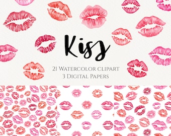 Watercolor Kiss Lips Clipart, Valentine's Day Clipart, Pink Lips Clip Art, Kissing Clipart and digital paper set, planner, INSTANT DOWNLOAD