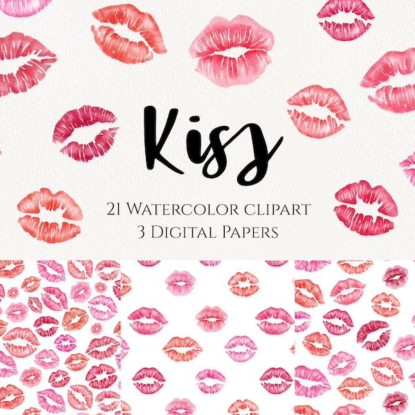 Watercolor Kiss Lips Clipart, Valentine's Day Clipart, Pink Lips Clip Art, Kissing Clipart and digital paper set, planner, INSTANT DOWNLOAD