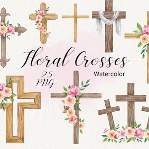 Clipart Croce ad acquerello, croci in legno di Pasqua con clip art di fiori, battesimo floreale primaverile, Spirito Santo, creazione di cartoline digitali PNG