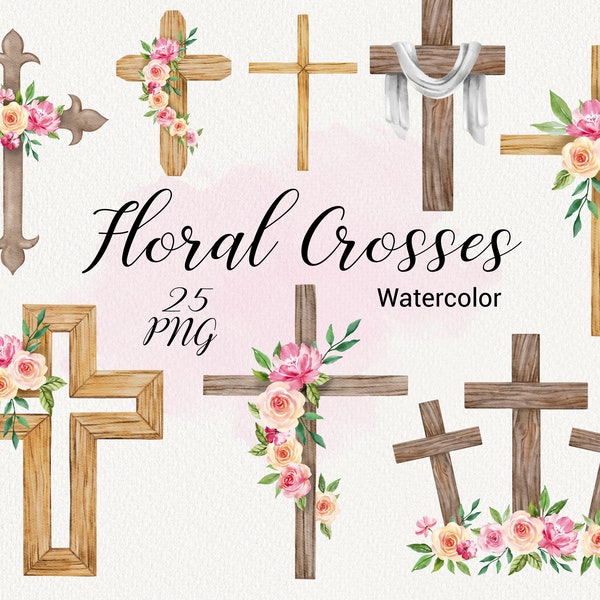 Watercolor Cross Clipart, Easter wood crosses with flowers clip art, Spring floral baptism, Holy Spirit, digital card making PNG