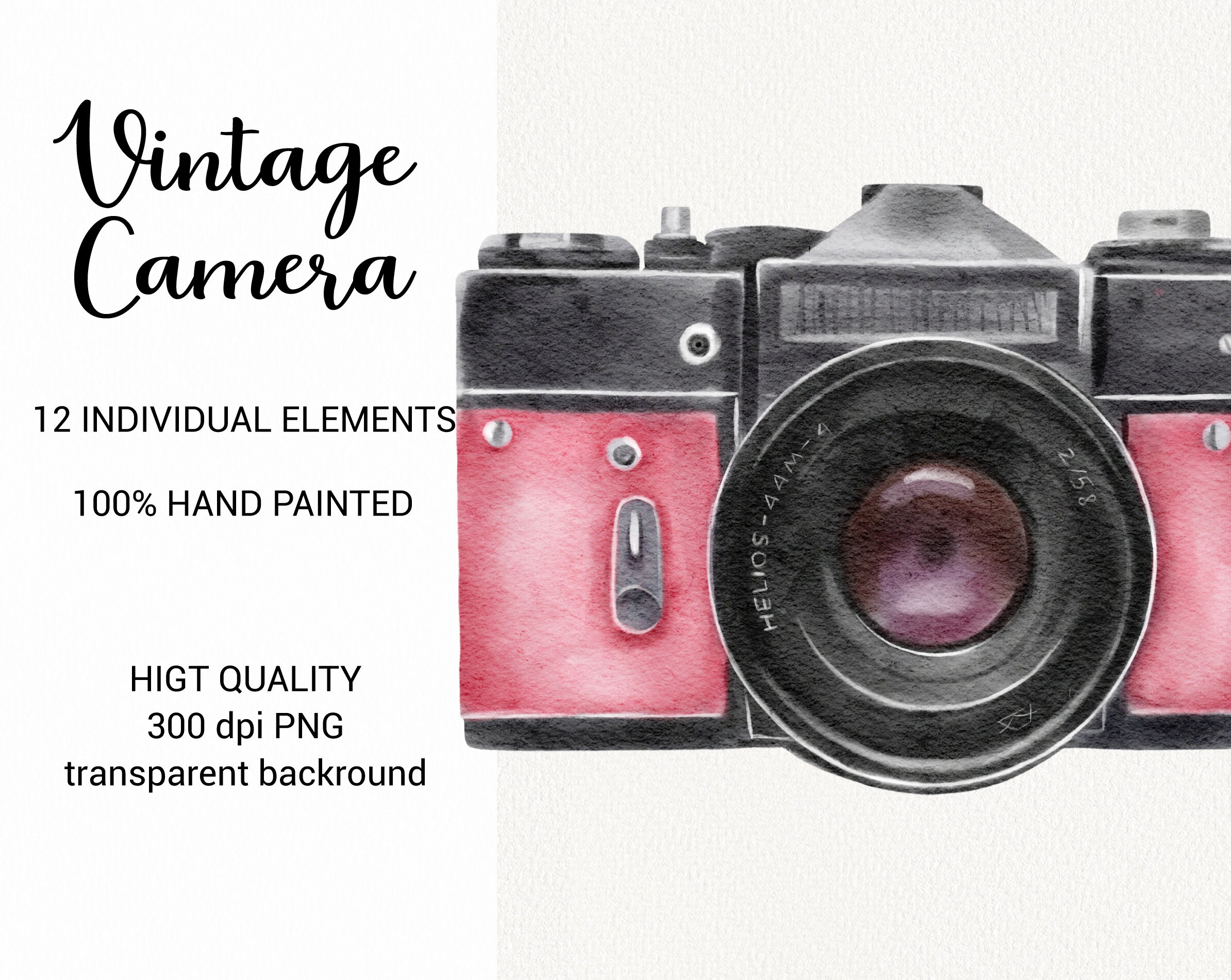 Watercolor Vintage Camera Clipart, Hand Painted Colored Photo Camera,  Travel Clip Art, Photography Digital Logo, Instant Download PNG - Etsy, image size:2388x1901