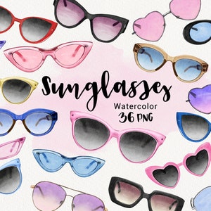 Sunglasses Watercolor clipart, Summer glasses Clip art, Travel, Fashion Beach, Heart sunglasses, Digital Scrapbooking, Planner Sticker PNG image 1