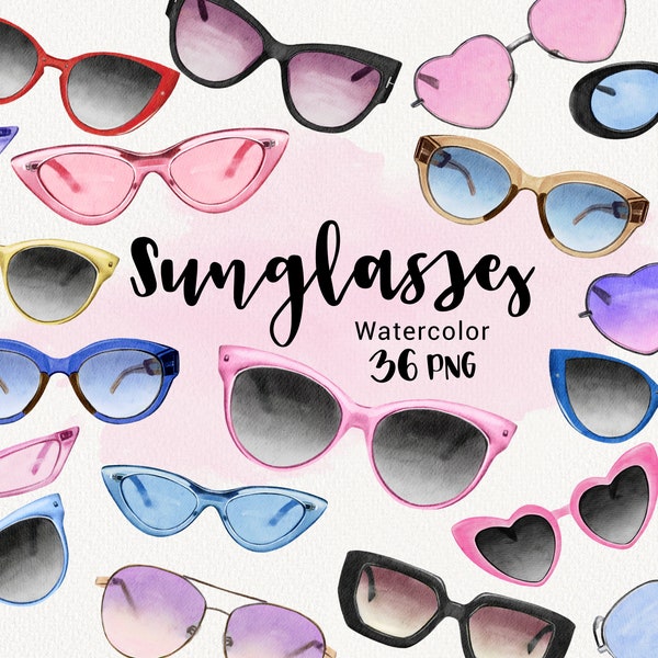 Sunglasses Watercolor clipart, Summer glasses Clip art, Travel, Fashion Beach, Heart sunglasses, Digital Scrapbooking, Planner Sticker PNG