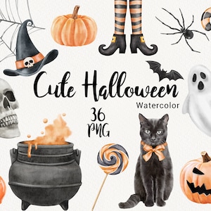 Happy Halloween Clipart, Acuarela Lindo Halloween, calabaza Gato Sombrero de bruja, Clip art de otoño, Invitación a la fiesta, Descarga instantánea PNG
