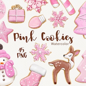 Christmas Cute Cookies Clipart, Watercolor Pink Gingerbread, sweets, snowflake, Winter Clipart, Cozy holiday, planner, scrapbooking PNG
