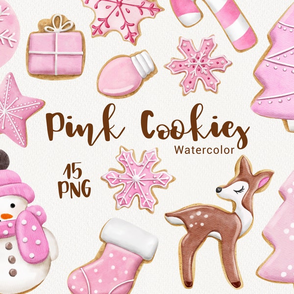 Clipart de biscuits mignons de Noël, aquarelle de pain d'épice rose, bonbons, flocon de neige, clipart hiver, vacances confortables, planificateur, scrapbooking PNG