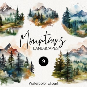 Watercolor Mountain Clipart, Landscapes  Forest tree, Fall Autumn Woodland, Fine Art, Wedding invitation Instant Download Commercial use PNG