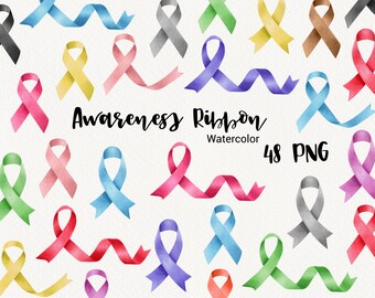 Awareness Ribbon Clipart, World Cancer Day, Watercolor Bow clip art, Breast Cancer, Rainbow Planner, Sublimation Design Instant Download PNG