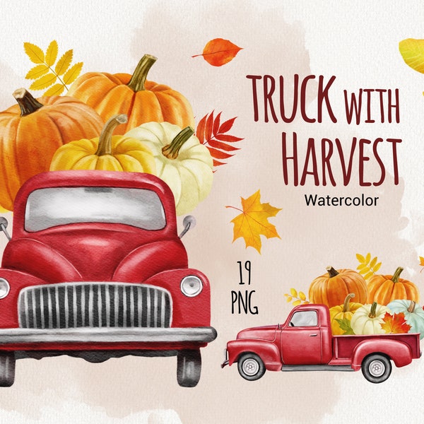 Watercolor Truck with Pumpkins, Harvest car, Autumn leaves, Fall, Halloween, Hand painted floral clip art, Pickup, scrapbooking, wedding PNG