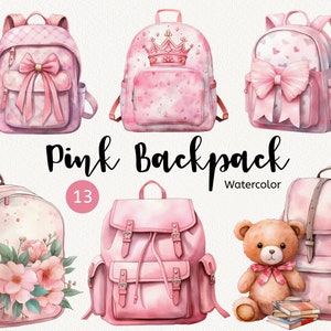 Mochila rosa aquarela clipart, Volta às aulas, Garota planejadora, acessórios de moda, Meninas crianças, Ursinho de pelúcia, Download instantâneo PNG DIY