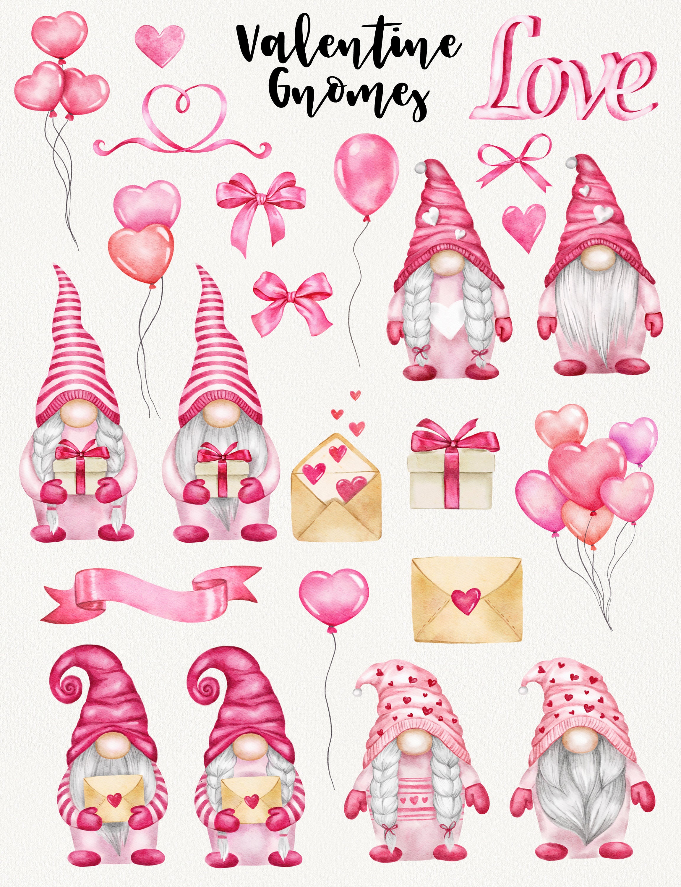 Valentine Day Gnomes Clipart, Watercolor Scandinavian Gnomes and Pink ...