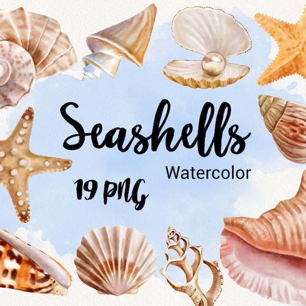 Watercolor Seashells Clipart, Ocean beach Clip art, Sea Shells, Starfish, Conch, Nautical, summer, wall art decor, Instant Download PNG