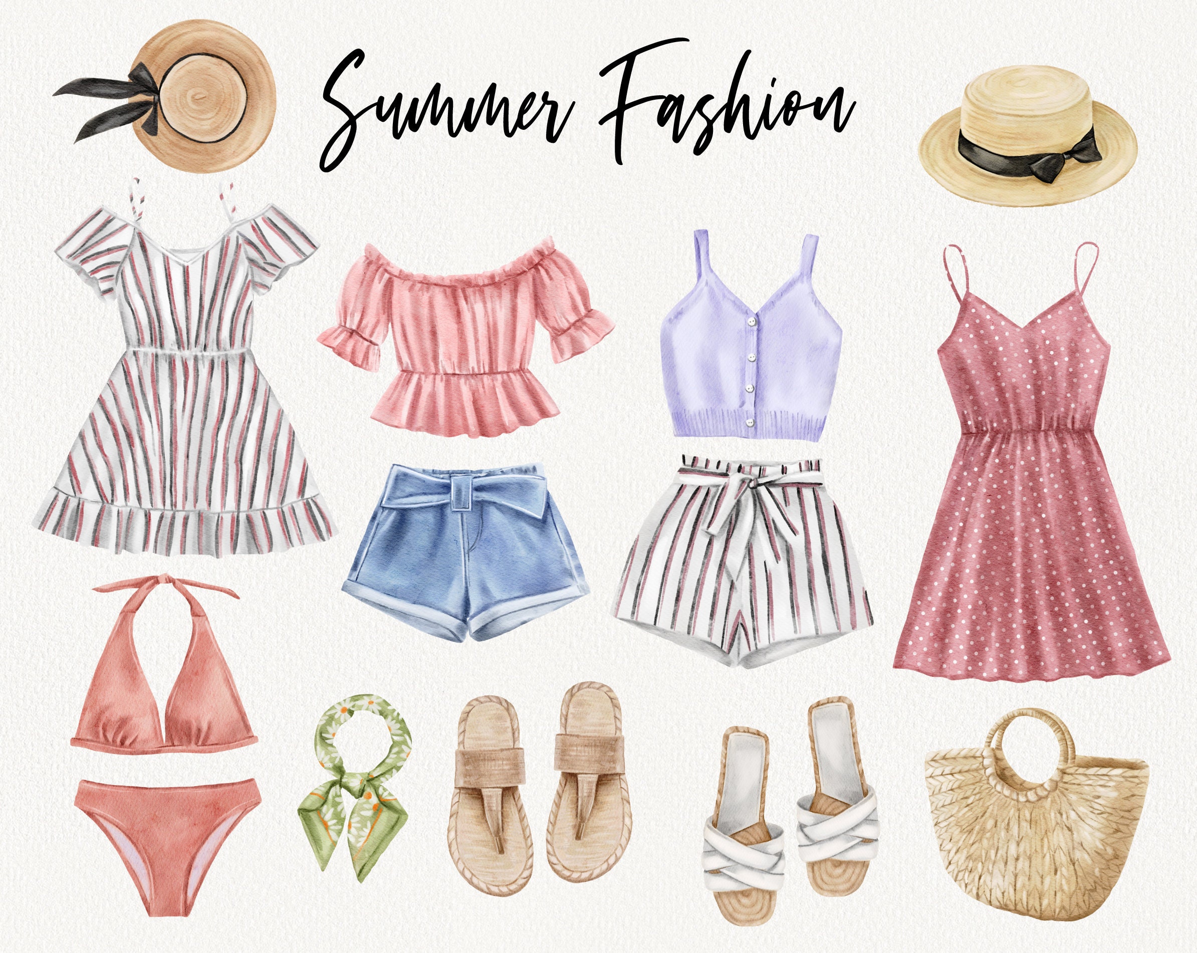 Fashion summer clothes. Clothing clipart, flat dress swimsui