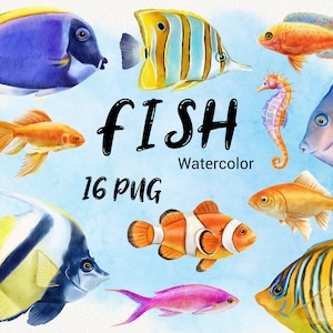 Watercolor Fish Clipart, Ocean Clip art, Sea life Animals, Tropical Coral Reef, Colorful Fish Clipart, Nautical, instant download, PNG