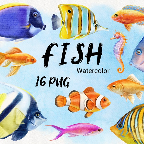 Watercolor Fish Clipart, Ocean Clip art, Sea life Animals, Tropical Coral Reef, Colorful Fish Clipart, Nautical, instant download, PNG