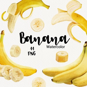 Clipart banane aquarelle isolé numérique pour téléchargement immédiat. Ensemble d'éléments de fruits tropicaux banane jaune, peint à la main, fichiers PNG bricolage