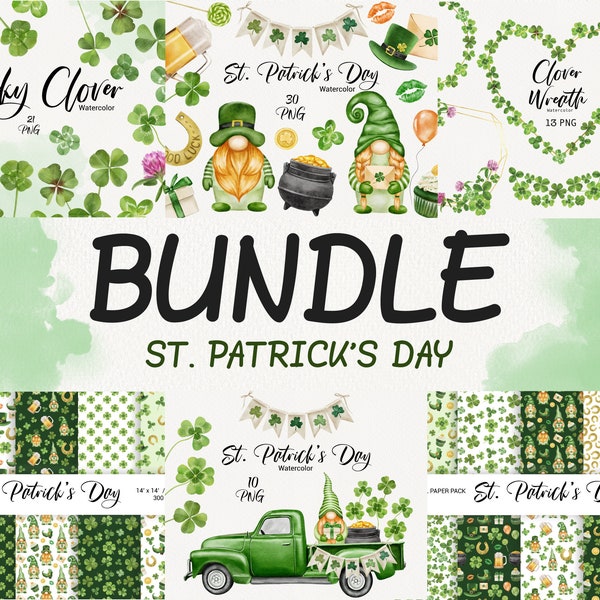 Watercolor St. Patrick's Day Clipart, Gnome Clipart, Shamrock, Clover, Green Retro Truck Clip Art, Sublimation Design, digital paper PNG
