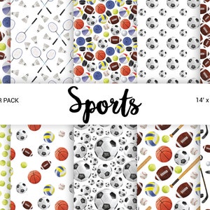 Acuarela Deportes papel digital, Fútbol, Baloncesto, Béisbol, Fútbol, Hockey Tenis, Voleibol, patrón sin costuras, conjunto de scrapbooking 14x14