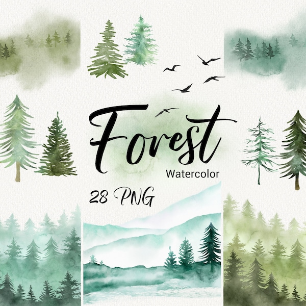 Watercolor Forest tree Clipart, Pine tree clipart, Woodland pine trees, Forest Landscape, Mountain, Wedding invitation, scrapbooking set PNG