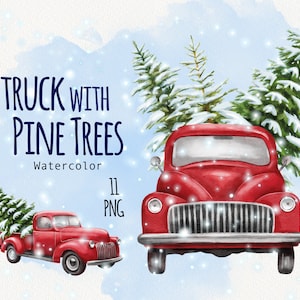 Camion de Noël à l’aquarelle, pick-up rouge vintage avec clip art, arbre d’hiver à feuilles persistantes, neige, décoration du Nouvel An, voitures de vacances PNG