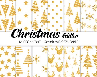 Christmas Glitter Digital Paper Pack, Cute Gold Glitter Trees, Winter Seamless Pattern, Snowflake, Gifts Background Scrapbook papers JPEG