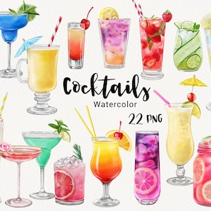 Clipart di cocktail ad acquerello, bevande alcoliche, clipart di feste estive, cocktail tropicali da spiaggia, clipart di menu del bar, PNG stampabile per decorazioni per la casa