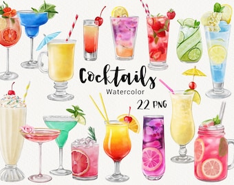 Watercolor Cocktail Clipart, Alcoholic Drinks, Summer party clip art, Beach Tropical cocktails, Bar Menu Clipart, Printable Home Decor PNG