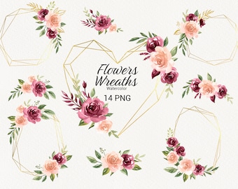 Watercolor Boho Floral Wreath Clipart, Burgundy Flowers, Gold Geometric Frames, Watercolor Roses Bouquets, Wedding Invitation PNG