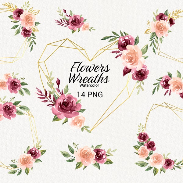 Watercolor Boho Floral Wreath Clipart, Burgundy Flowers, Gold Geometric Frames, Watercolor Roses Bouquets, Wedding Invitation PNG