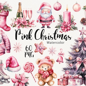 Watercolor Cute Pink Christmas clipart, Winter Cozy Holiday, Sweaters, Trees, Santa, Gifts, Cups Candy, Gingerbread, Instant Download PNG