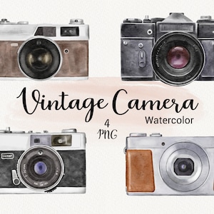 Watercolor Vintage Camera Clipart, Hand painted Colored Photo Camera, Travel Clip art, Photography Digital Logo, Instant Download PNG