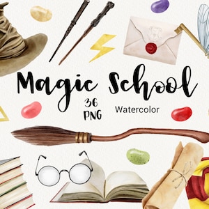 Clipart scuola di magia dell'acquerello, forniture per streghe, clip art dell'Accademia dei maghi, bacchette e manico di scopa, pozioni, chiavi, invito di Halloween PNG