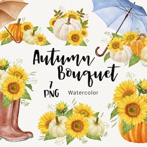 Watercolor Autumn Clipart, Pumpkin clip art, Fall Sunflowers, Umbrella, Thanksgiving clipart, Instant Download, Sublimation design PNG