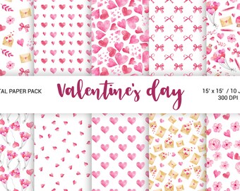 Valentines day digital paper pack, Watercolor love pink scrapbook seamless paper pack with red heart, flowers. Wedding set 15x15 JPG