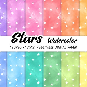 Aquarel sterren digitaal papierpakket, abstracte aquarel texturen, naadloos patroon, regenboogtinten, nachtelijke hemelachtergrond, penseel, JPEG-bestanden