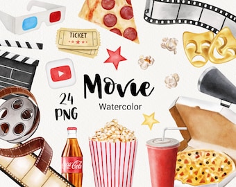 Movie clipart, watercolor Cinema clipart, Summer Clip Art, Film, Popcorn, Pizza, Theatre, Hollywood, Red Carpet, instant download PNG