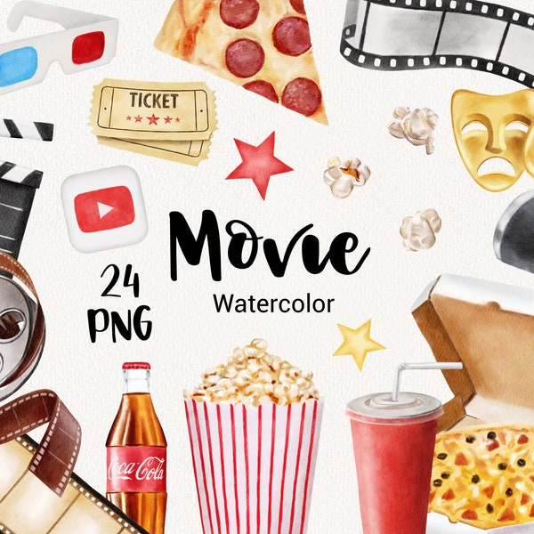 Movie clipart, watercolor Cinema clipart, Summer Clip Art, Film, Popcorn, Pizza, Theatre, Hollywood, Red Carpet, instant download PNG