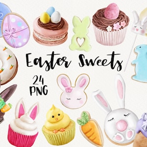 Clipart di buona Pasqua dell'acquerello, simpatici dolci pasquali, cupcake con orecchie, biscotto di coniglio, pan di zenzero coniglietto, ciambella, uova, primavera di carote PNG