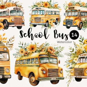 Watercolor School Bus Clipart, Back to School, Yellow Floral Bus, First day, Nursery Decor, Scrapbooking Invitation Instant Download PNG DIY