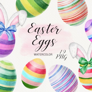 Imágenes Prediseñadas de huevos de Pascua de acuarela, orejas de conejo lindas, imágenes prediseñadas de huevos de vacaciones de Pascua de primavera, arcos, decoraciones lindas, juego de fabricación de tarjetas de álbum de recortes PNG