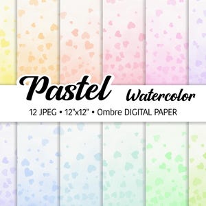 Aquarelle coeur ombré, paquet de papier numérique fond pastel, tons arc-en-ciel doux, papier scrapbooking imprimable Saint Valentin Design JPEG