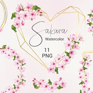 Herz Kranz Clipart, Aquarell rosa Sakura Blumen, Kirschblüte, goldene geometrische Rahmen, Hochzeitseinladung, Scrapbooking Set PNG