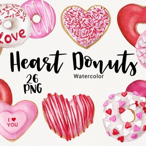 Aquarel Valentijnsdag donut clipart, hart donuts, hou van zoet bakkerij eten, schattig romantisch, bruiloft uitnodiging, instant download, png