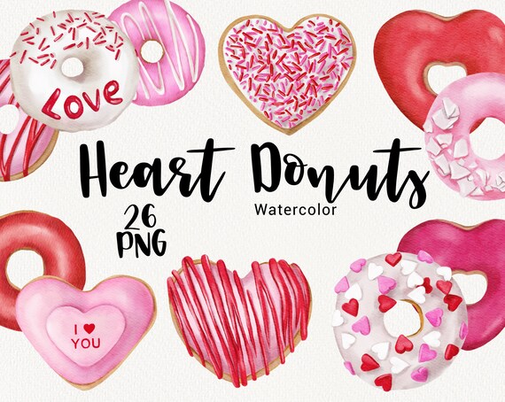Watercolor Valentines Day Donut Clipart, Heart Donuts, Love Sweet Bakery Food, Cute Romantic, Wedding invitation, Instant Download PNG