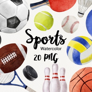 Clipart de esportes em aquarela, futebol, basquete, beisebol, futebol, hóquei, tênis, vôlei, badminton, boliche, equipamentos esportivos png