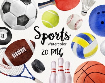 Watercolor Sports Clipart, Football, Basketball, Baseball, Soccer, Hockey, Tennis, Volleyball, Badminton, Bowling, Sports Equipment PNG