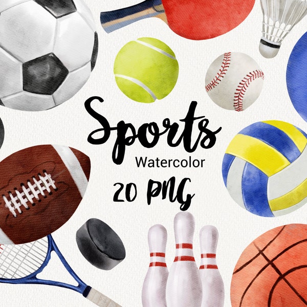 Watercolor Sports Clipart, Football, Basketball, Baseball, Soccer, Hockey, Tennis, Volleyball, Badminton, Bowling, Sports Equipment PNG